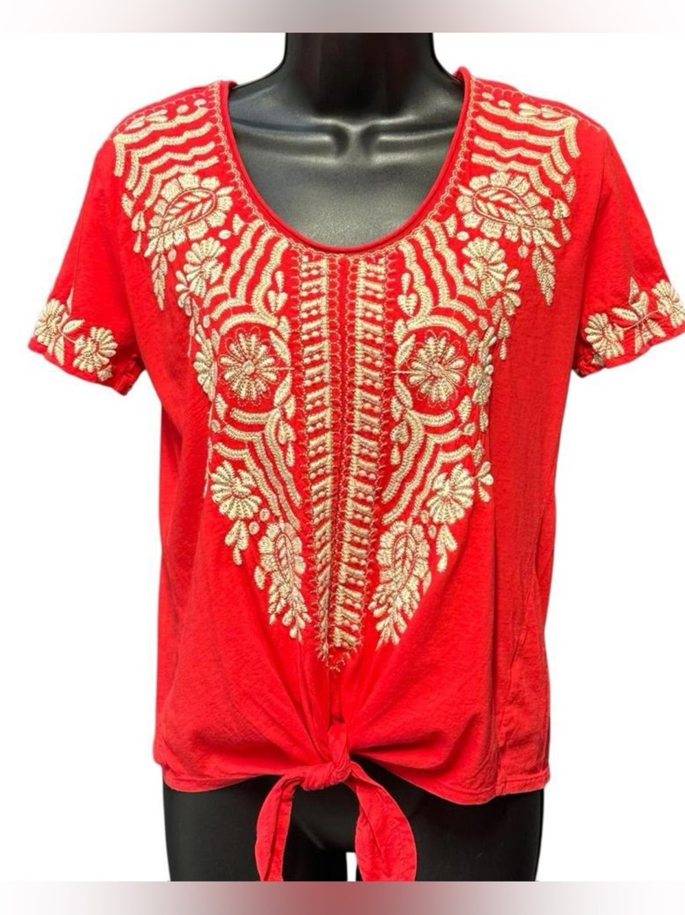 Johnny Was Red Embroidered Top with Front Knot Tie
